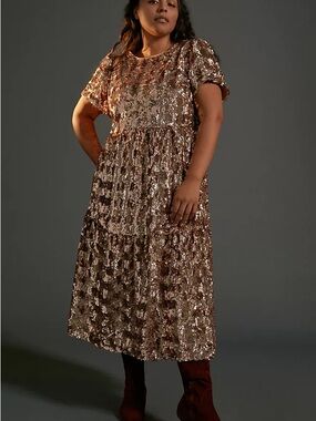 Maeve Rose Gold Sequin Tiered Midi Dress